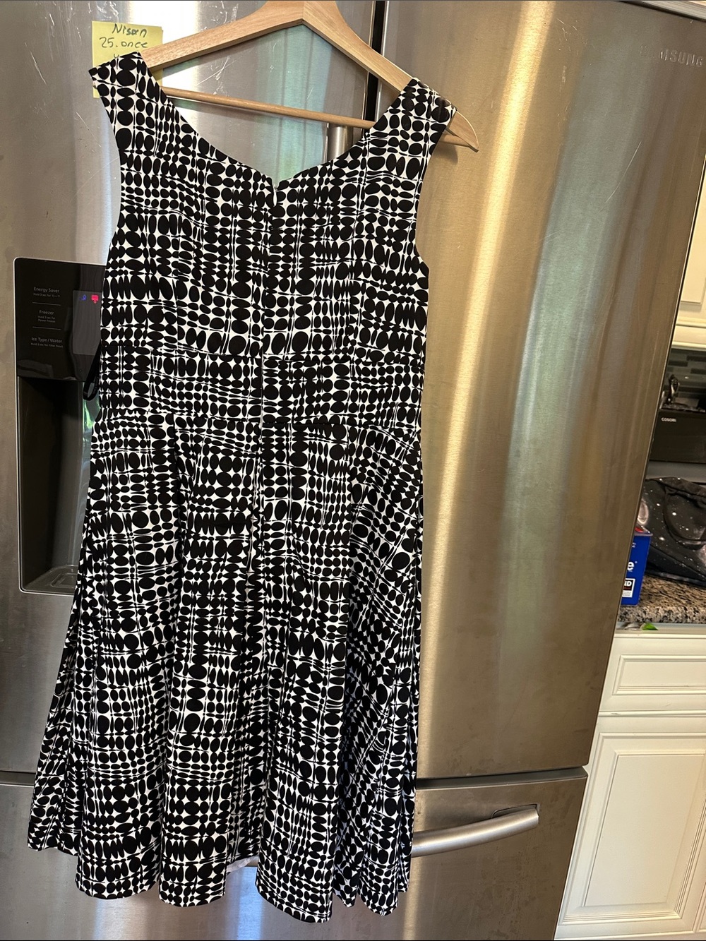 Calvin Klein Black and White Geometric Fit-and-Flare Midi Dress